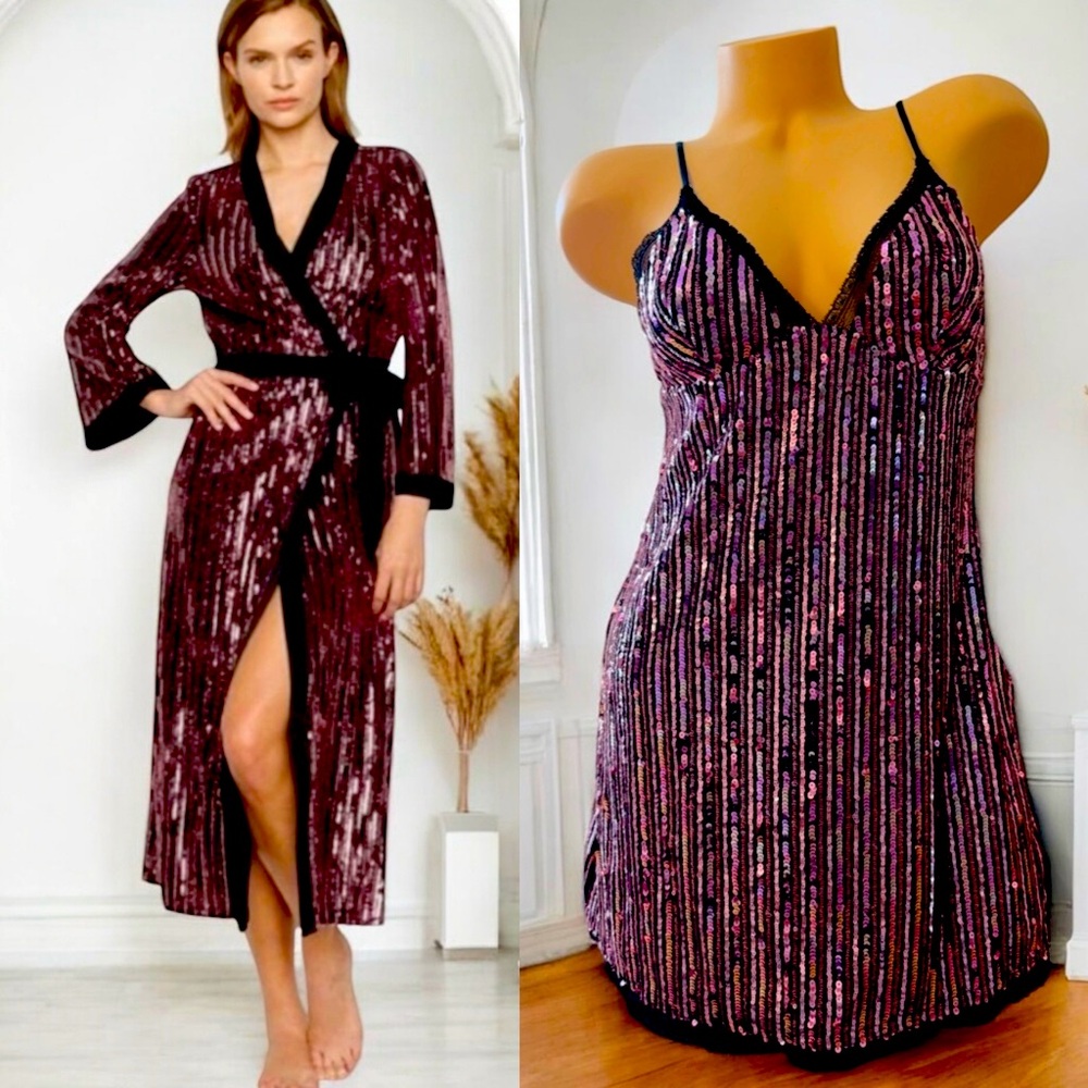 Victoria’s Secret Luxe Maxi Bling Sequin Robe & Mini Slip Dress Sleepwear M